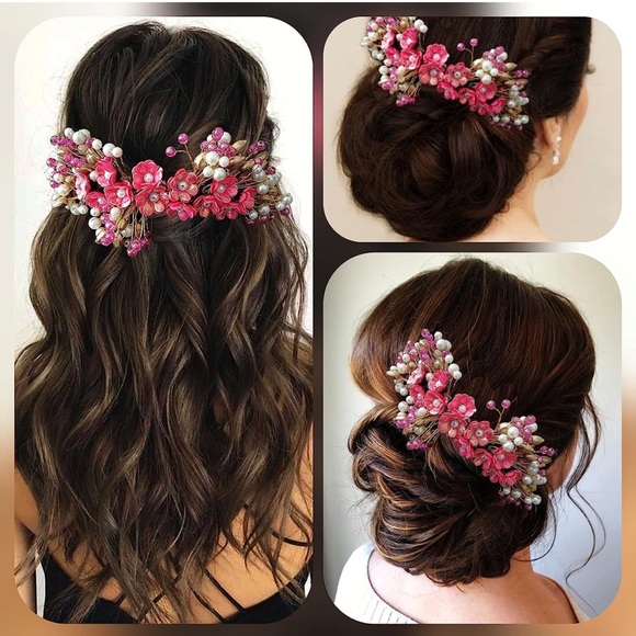 Designer Small Flower Gajra Style Designed With Metals, Pearls Bridal Hairclip - Picture 4 of 6
